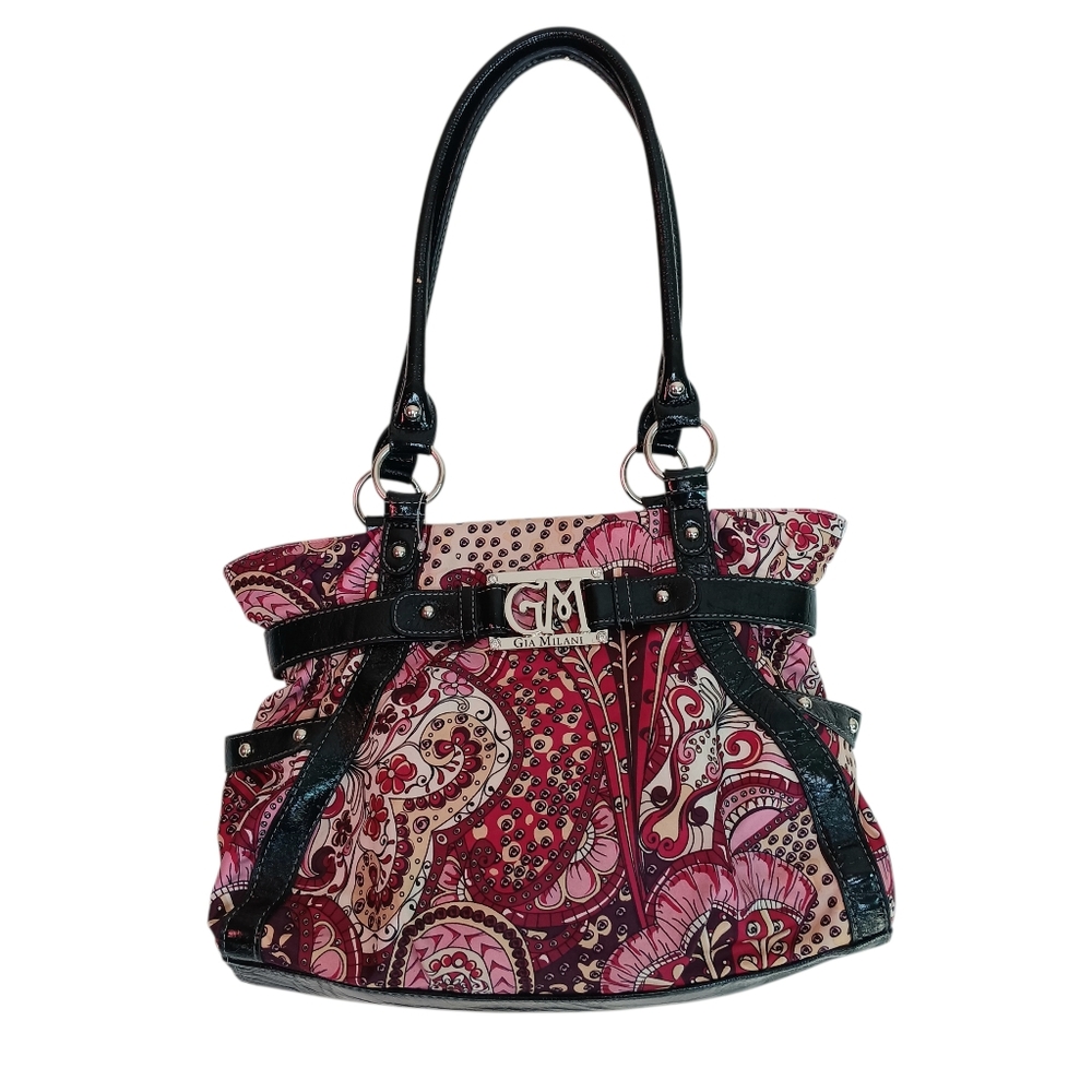Gia Milani Paisley Shoulder Bag Purse Cloth 15 x 9 x 4 inches Slouchy Black Wine
